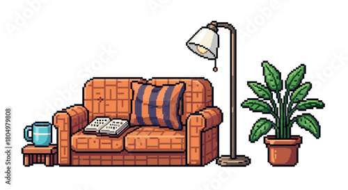 Cozy pixel art illustration of a living room scene with a sofa, book, lamp, and plant, representing a comfortable and relaxing home interior isolated
