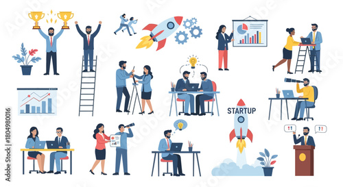 Vector illustration of various business people involved in various office activities and teamwork.