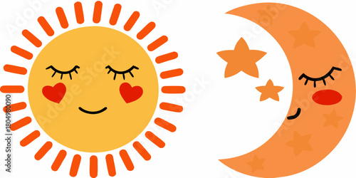 Cute cartoon sun and crescent moon with stars and hearts on a white background