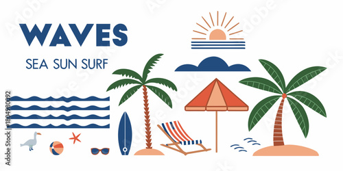 Tropical beach vacation elements with palm trees surfboard beach chair and sun