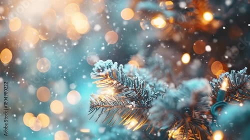 Snow Falling on Christmas Tree Branch with Warm Holiday Lights