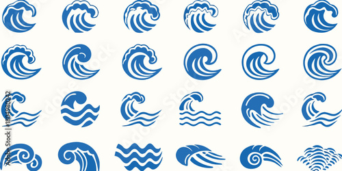 Collection of stylized blue wave icons and symbols in a repeating pattern on a white background