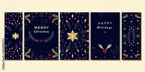 Collection of festive christmas and happy holidays greeting cards with decorative floral and star elements on a dark blue background