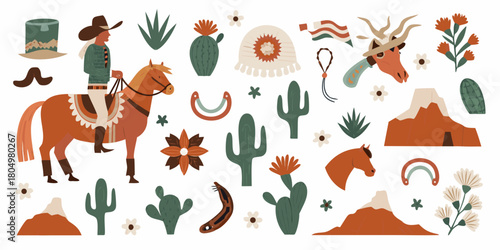 Whimsical western cowboy on horseback surrounded by desert elements and native american inspired motifs