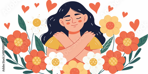 Woman embracing herself surrounded by flowers and hearts symbolizing self love and well being