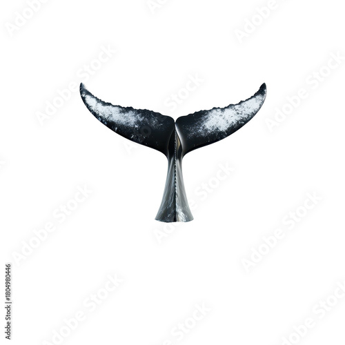A black whale tail rises from a gray background, emphasizing its graceful silhouette and aquatic nature, isolated on transparent background