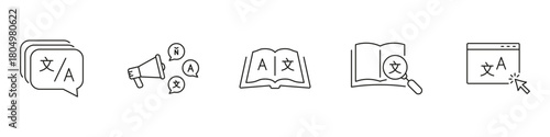 Language and Translation Line Icon Set. Speech, Dictionary, and Web Outline Symbols for Learning and Communication. Editable Stroke. Isolated Vector Illustration
