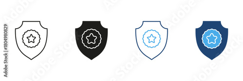 Shield With Star Emblem Line And Solid Icon Set. Security, Protection, And Quality Assurance Outline And Silhouette Symbol Collection. Safety And Trust Representation. Isolated Vector Illustration