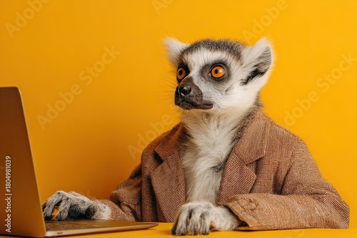 A lemur works at a laptop, a desk. Against a simple, bright background. A real photo. In a business suit