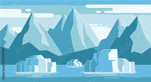 A flat vector illustration of an arctic landscape with large blue mountains and floating icebergs on water.