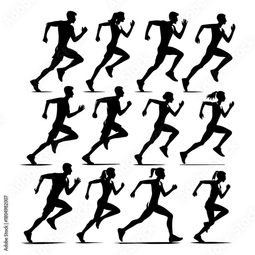 Dynamic silhouettes of diverse runners in motion capturing the energy of a race or training session