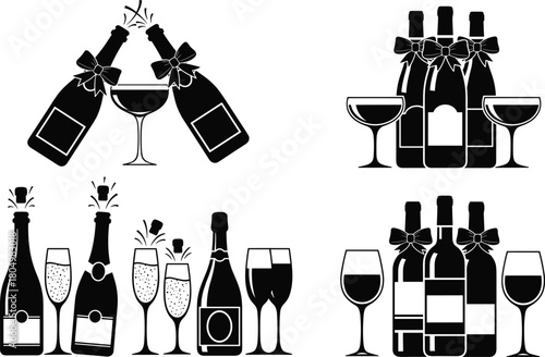 Champagne and wine bottle silhouettes with glasses, sparkling drink celebration, party toast illustration, festive alcohol beverage vector design