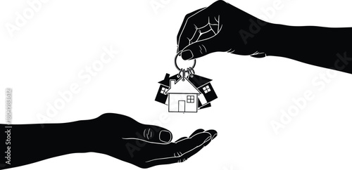 Real estate concept, silhouette hands passing house keys, property ownership transfer, buying new home, mortgage closing, vector illustration.
