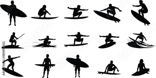 Surfer silhouette collection, black vector set of men surfing, carrying surfboard, riding waves, extreme water sport illustration figures.
