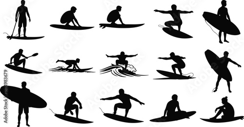 Surfer silhouettes vector set, men surfing and paddle boarding, extreme water sports icons collection, black isolated figures on white