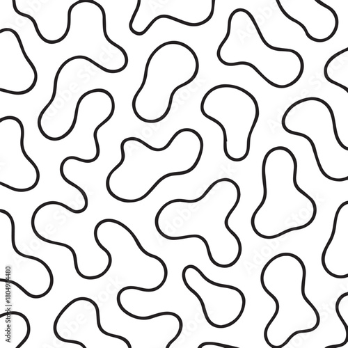 Abstract organic amoeba like shapes with flowing black outlines on a white background creating a seamless pattern
