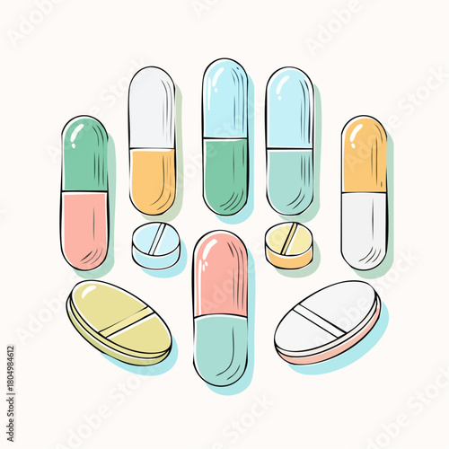 Colorful hand-drawn sketch illustration of a variety of medical pills and capsules, depicting pharmaceutical medication and health treatment in a vibrant doodle style