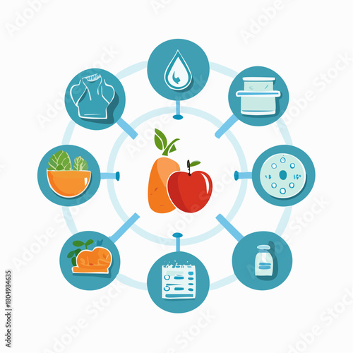 Healthy eating and lifestyle infographic with fruits and vegetables at the center