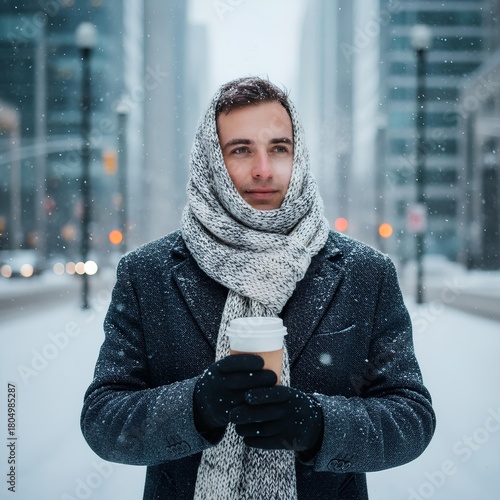 Wallpaper Mural Man standing in snowy city street holding hot coffee Torontodigital.ca