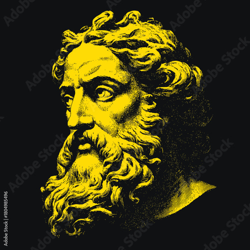Yellow bust of a bearded man in profile on black background
