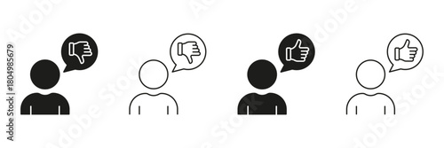 Person With Thumbs Up And Down Line And Solid Icon Set. Feedback, Opinion, And Evaluation Symbol Collection. Communication And Social Interaction. Isolated Vector Illustration