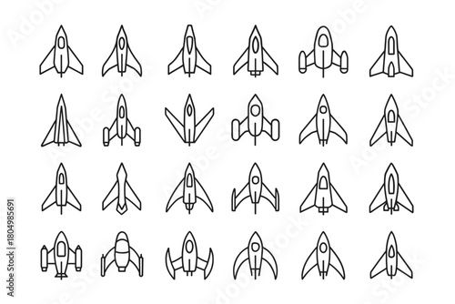A set of 30 minimalist black and white outline icons of space fighters and shuttles, photographed strictly from above (top view).