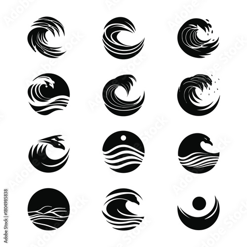 Collection of stylized circular wave icons in black and white
