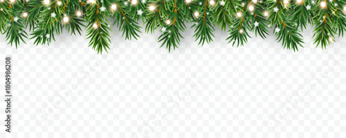 Border with green fir branches, lights and white stars isolated on transparent background. Pine, xmas banner. Vector Christmas tree garland decoration
