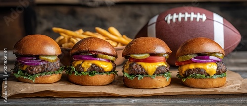 Game day food with four cheeseburger sliders and an American football. Tailgate party meal with beef burgers and french fries
