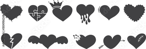 Creative heart icons collection featuring broken, crowned, puzzle, stitched, winged, arrowed, and dripping heart silhouettes for romantic, emotional, and decorative graphic designs.