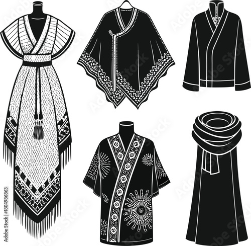 Stylized black and white illustrations of traditional clothing and accessories