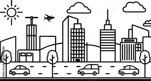 Stylized Cityscape with Buildings, Cars, and Sun skyline