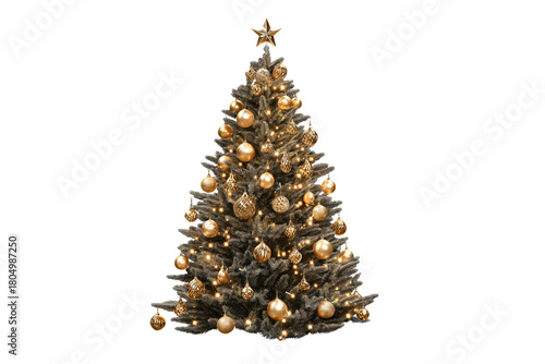 elegant golden Christmas tree with metallic ornaments, isolated on transparent background, luxury design, perfect cut-out, professional product photography look, png style