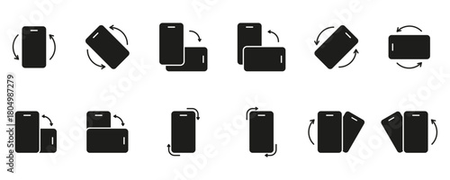 Mobile Device Screen Rotation Solid Icon Set. Smartphone Orientation Adjustment With Arrows Representing Motion, Usability and Interaction Silhouette Symbol Collection. Isolated Vector Illustration