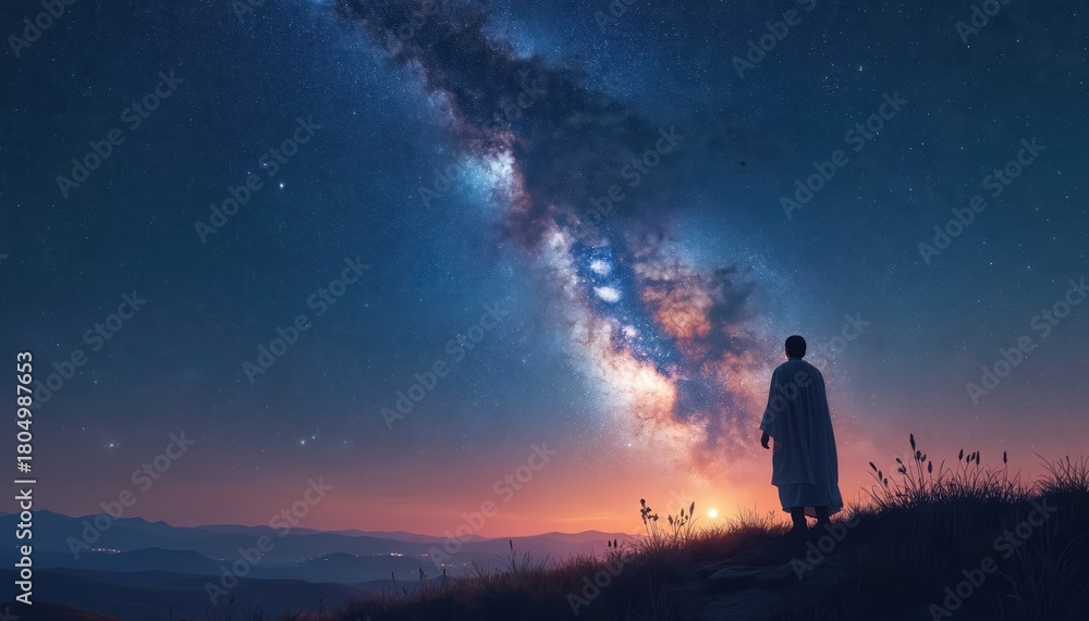 Fototapeta premium Prophet Abraham stands on hill looking at night sky. Man in robe receives divine promise from God. Biblical story of faith, covenant, hope under stars of milky way galaxy, representing numerous