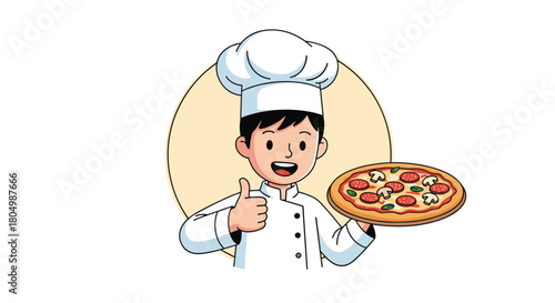 Cartoon chef holding a delicious pizza and giving a thumbs up gesture.