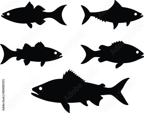 fish icon set silhouette style minimal vector art illustration on a white background


