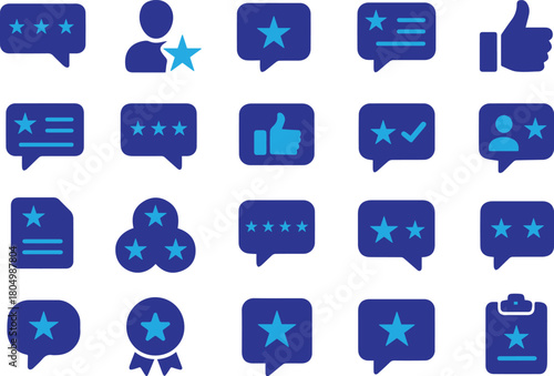 Set of customer review icons isolated on white background, including star ratings, feedback bubbles, thumbs up, and other related symbols for rating