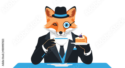 Dapper fox in a suit and hat enjoys tea and cake with a monocle.