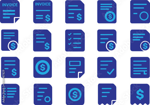 Collection of invoice icons isolated on white background, including dollar signs, payment requests, and other related symbols for billing and finance