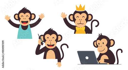Four cartoon monkeys engaged in different activities: wearing a vest, talking on the phone, wearing a crown, and using a laptop.