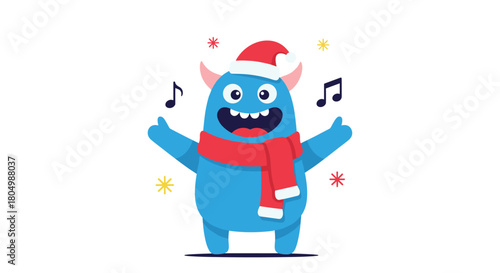 A happy blue monster wearing a Santa hat and scarf sings joyfully with musical notes around it.