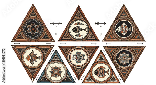 Triangular decorative elements with tribal patterns and fish and star motifs.