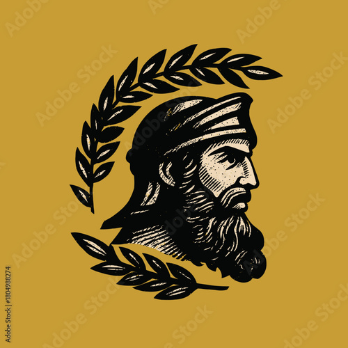 Profile portrait of a bearded man with laurel wreath