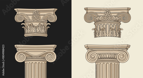 Set of ancient Greek column capitals with ionic volutes and acanthus leaves.