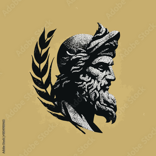 Antique bust profile with laurel wreath, minimalist illustration