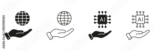 Artificial Intelligence Global Support Line and Solid Icon Set. Smart Technology, Human Interaction and Digital Assistance Symbol Collection. Isolated Vector Illustration
