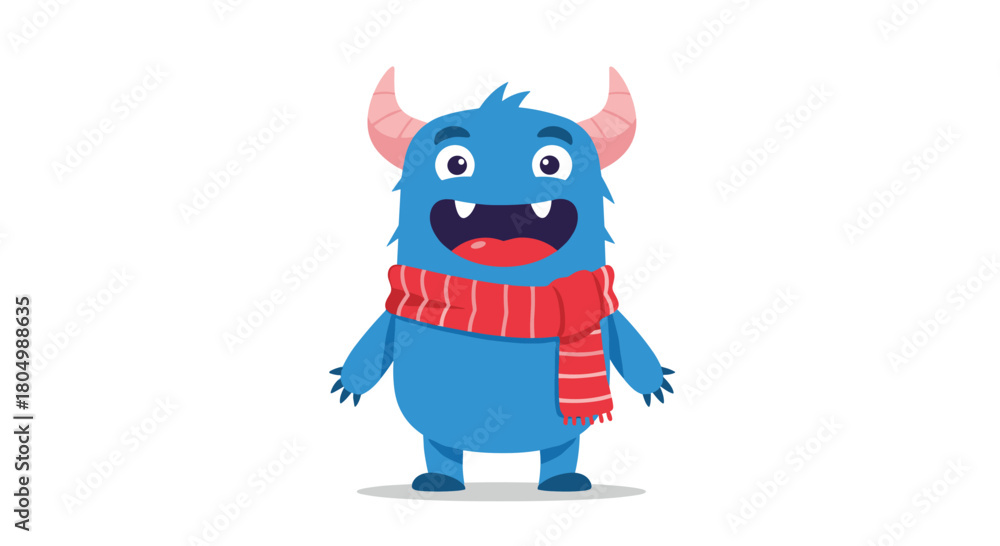 Fototapeta premium Cute blue monster with horns and a red scarf stands on a white background.