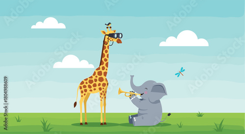 A cute cartoon giraffe wearing binoculars stands next to a smiling elephant playing a trumpet.