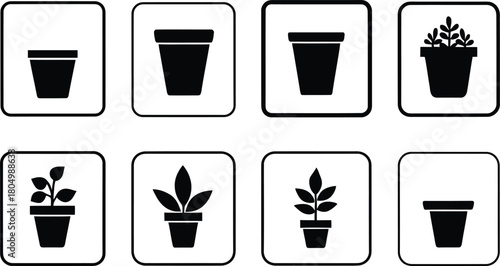 garden pot icon set silhouette style minimal vector art illustration on a white background

